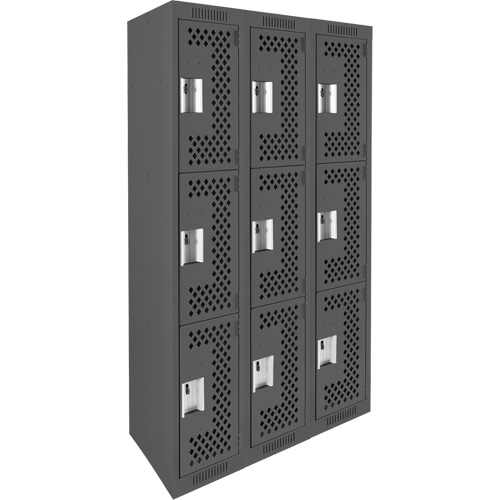 Clean Line Lockers, 3 -tier, Bank of 3, 36" x 12" x 72", Steel, Charcoal, Rivet (Assembled), Perforated Les Fournitures Industrielles Méga
