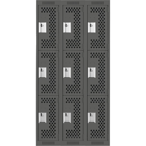 Clean Line Lockers, 3 -tier, Bank of 3, 36" x 12" x 72", Steel, Charcoal, Rivet (Assembled), Perforated Les Fournitures Industrielles Méga