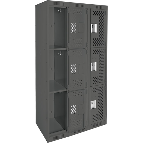 Clean Line Lockers, 3 -tier, Bank of 3, 36" x 12" x 72", Steel, Charcoal, Rivet (Assembled), Perforated Les Fournitures Industrielles Méga