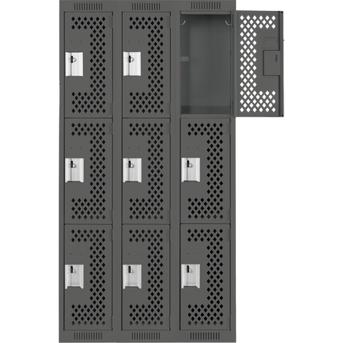 Clean Line Lockers, 3 -tier, Bank of 3, 36" x 12" x 72", Steel, Charcoal, Rivet (Assembled), Perforated Les Fournitures Industrielles Méga