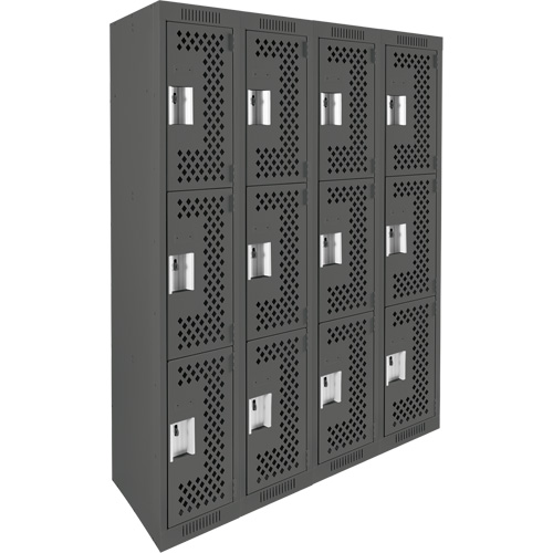 Clean Line Lockers, 3 -tier, Bank of 4, 48" x 12" x 72", Steel, Charcoal, Rivet (Assembled), Perforated Les Fournitures Industrielles Méga