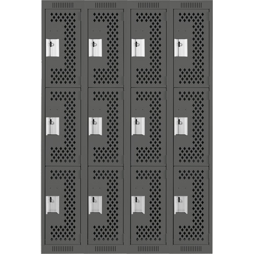 Clean Line Lockers, 3 -tier, Bank of 4, 48" x 12" x 72", Steel, Charcoal, Rivet (Assembled), Perforated Les Fournitures Industrielles Méga