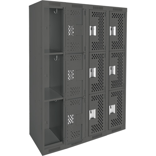 Clean Line Lockers, 3 -tier, Bank of 4, 48" x 12" x 72", Steel, Charcoal, Rivet (Assembled), Perforated Les Fournitures Industrielles Méga