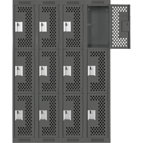 Clean Line Lockers, 3 -tier, Bank of 4, 48" x 12" x 72", Steel, Charcoal, Rivet (Assembled), Perforated Les Fournitures Industrielles Méga