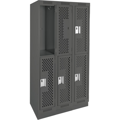 Clean Line Lockers, 2 -tier, Bank of 3, 36" x 15" x 76", Steel, Charcoal, Rivet (Assembled), Perforated Les Fournitures Industrielles Méga
