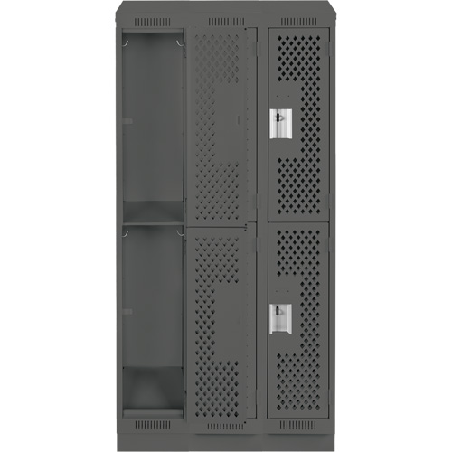 Clean Line Lockers, 2 -tier, Bank of 3, 36" x 12" x 82", Steel, Charcoal, Rivet (Assembled), Perforated Les Fournitures Industrielles Méga