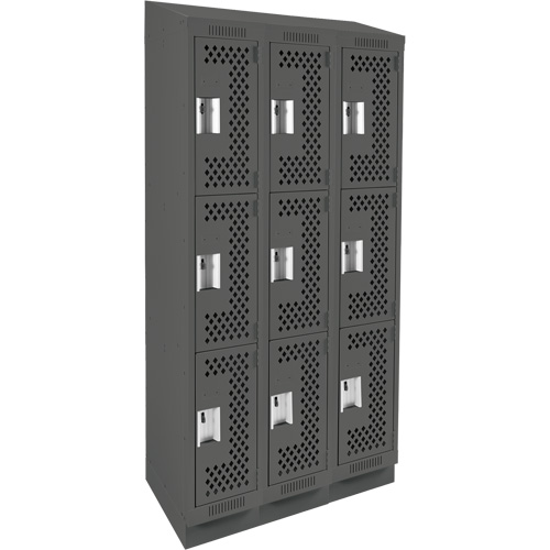 Clean Line Lockers, 3 -tier, Bank of 3, 36" x 15" x 82", Steel, Charcoal, Rivet (Assembled), Perforated Les Fournitures Industrielles Méga