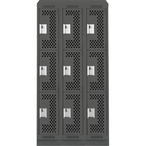 Clean Line Lockers, 3 -tier, Bank of 3, 36" x 15" x 82", Steel, Charcoal, Rivet (Assembled), Perforated Les Fournitures Industrielles Méga