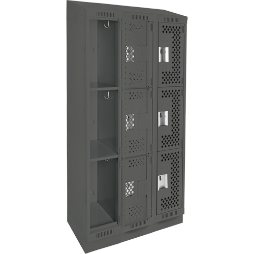 Clean Line Lockers, 3 -tier, Bank of 3, 36" x 15" x 82", Steel, Charcoal, Rivet (Assembled), Perforated Les Fournitures Industrielles Méga