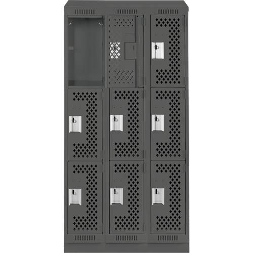 Clean Line Lockers, 3 -tier, Bank of 3, 36" x 15" x 82", Steel, Charcoal, Rivet (Assembled), Perforated Les Fournitures Industrielles Méga