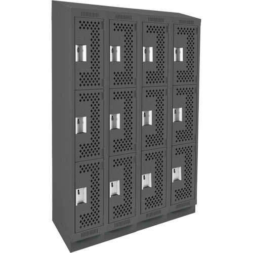 Clean Line Lockers, 3 -tier, Bank of 4, 48" x 15" x 82", Steel, Charcoal, Rivet (Assembled), Perforated Les Fournitures Industrielles Méga