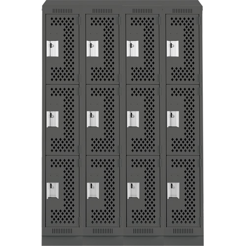Clean Line Lockers, 3 -tier, Bank of 4, 48" x 15" x 82", Steel, Charcoal, Rivet (Assembled), Perforated Les Fournitures Industrielles Méga