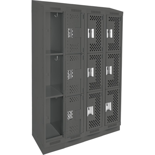 Clean Line Lockers, 3 -tier, Bank of 4, 48" x 15" x 82", Steel, Charcoal, Rivet (Assembled), Perforated Les Fournitures Industrielles Méga