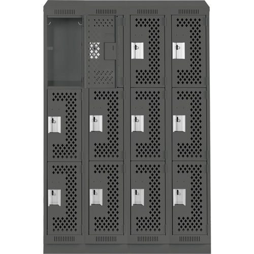 Clean Line Lockers, 3 -tier, Bank of 4, 48" x 15" x 82", Steel, Charcoal, Rivet (Assembled), Perforated Les Fournitures Industrielles Méga
