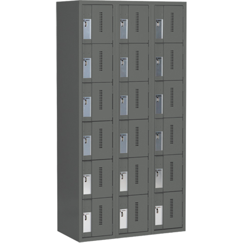 Concorde Heavy-Duty Lockers, 6 -tier, Bank of 3, 36" x 18" x 72", Steel, Charcoal, Welded (Assembled) Les Fournitures Industrielles Méga