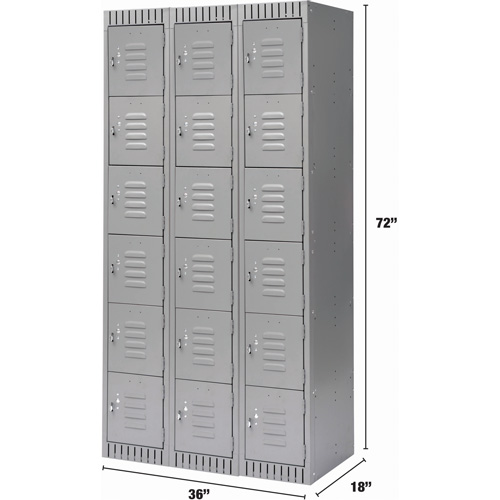 Lockers, 6 -tier, Bank of 3, 36" x 18" x 72", Steel, Grey, Knocked Down Les Fournitures Industrielles Méga