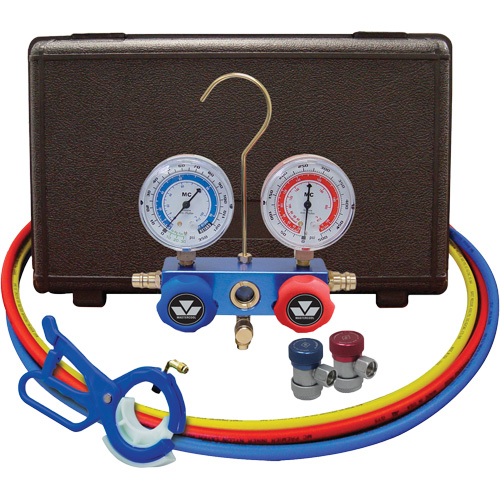 Jeu de manom&egrave;tres collecteurs pour automobile avec coupleurs manuels et robinet perce-canette lat&eacute;rale 3-in-1 Les Fournitures Industrielles Méga