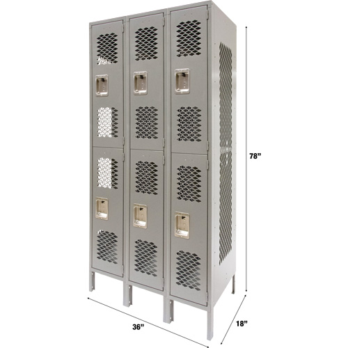 Casiers ventil&eacute;s, 2 niveaux, Bloc de 3, 36" x 18" x 78", Acier, Gris, D&eacute;mont&eacute;, Perfor&eacute; Les Fournitures Industrielles Méga