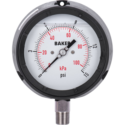 Pressure Gauge, 4-1/2" , 0 - 15 psi/0 - 100 kPa, Bottom Mount, Liquid Filled Analogue Les Fournitures Industrielles Méga