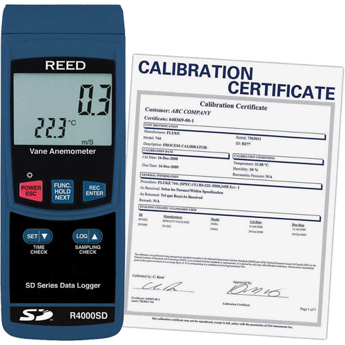 Thermo-an&eacute;mom&egrave;tre avec certificat de calibration, Enregistrement des donn&eacute;es, Gamme de v&eacute;locit&eacute; d'air de 0,4 - 30 m/sec Les Fournitures Industrielles Méga