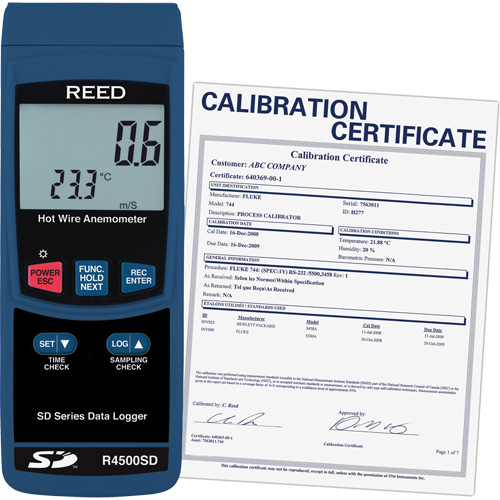 Thermo-an&eacute;mom&egrave;tres &agrave; fil chaud avec enregistrement de donn&eacute;es et certificat de calibration, Enregistrement des donn&eacute;es, Gamme de v&eacute;locit&eacute; d'air de 0,2 - 25 m/sec Les Fournitures Industrielles Méga