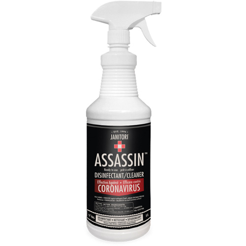 Nettoyant d&eacute;sinfectant pr&ecirc;t &agrave; l'emploi Janitori Assassin, 1 L, Bouteille &agrave; g&acirc;chette Les Fournitures Industrielles Méga