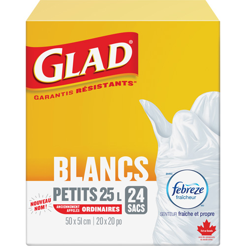 Petits sacs &agrave; ordures 25 L avec Febreze, R&eacute;gulier, 20" la x 20" lo, Blanc Les Fournitures Industrielles Méga