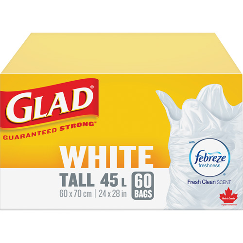 Sacs &agrave; ordures hauts 45 L avec Febreze, R&eacute;gulier, 24" la x 28" lo, Blanc Les Fournitures Industrielles Méga