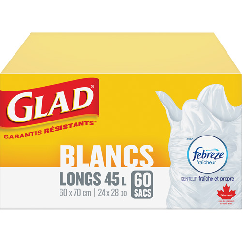 Sacs &agrave; ordures hauts 45 L avec Febreze, R&eacute;gulier, 24" la x 28" lo, Blanc Les Fournitures Industrielles Méga