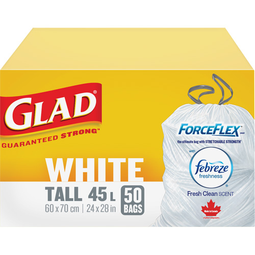 Sacs &agrave; ordures hauts 45 L avec Febreze, R&eacute;gulier, 24" la x 28" lo, Blanc Les Fournitures Industrielles Méga
