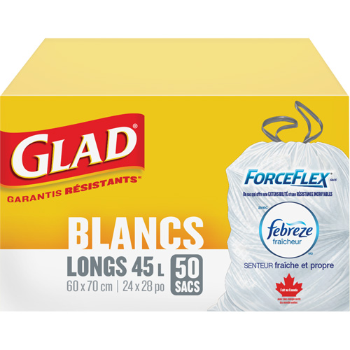Sacs &agrave; ordures hauts 45 L avec Febreze, R&eacute;gulier, 24" la x 28" lo, Blanc Les Fournitures Industrielles Méga