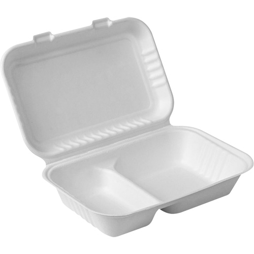Compostable Hinged Food Containers with Compartments, Bagasse, Rectangular Les Fournitures Industrielles Méga