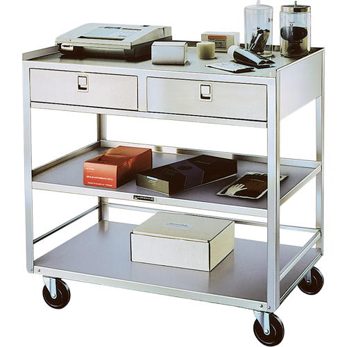 Supports en acier inoxydable pour &eacute;quipement, 300 lb Capacit&eacute;, Acier inoxydable, 20"/20-1/8" x la, 35" x ha, 37"/36-3/8" p, D&eacute;mont&eacute;, 2 tirroirs Les Fournitures Industrielles Méga