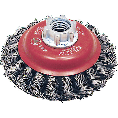 Brosse conique &agrave; fils torsad&eacute;s BK420T, Dia. 4", Fils 0,02", Arbre 5/8"-11, Acier Les Fournitures Industrielles Méga