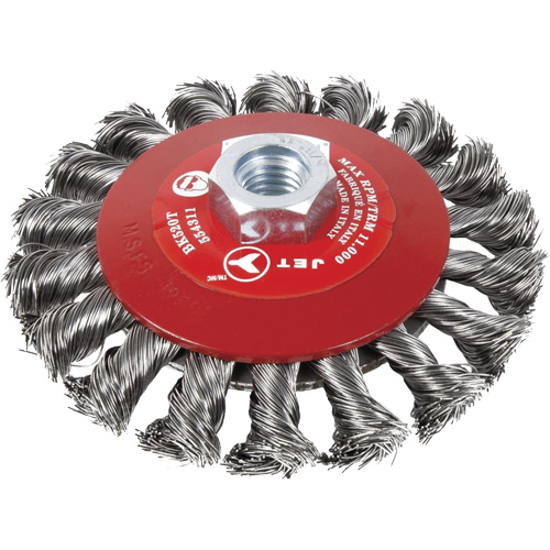 Brosse conique &agrave; fils nou&eacute;s torsad&eacute;s, Dia. 6", Fils 0,02", Arbre 5/8"-11, Acier Les Fournitures Industrielles Méga