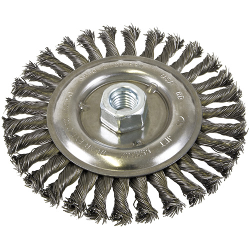 Brosse filet&eacute;e &agrave; fils nou&eacute;es et face standard, Dia. 6", Fils 0,022", Arbre 5/8"-11, Acier Les Fournitures Industrielles Méga
