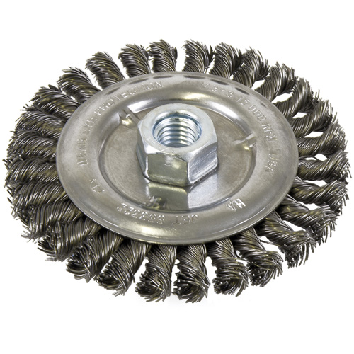 Brosse filet&eacute;e &agrave; fils nou&eacute;s et face standard, Dia. 5", Fils 0,022", Arbre 5/8"-11, Acier Les Fournitures Industrielles Méga