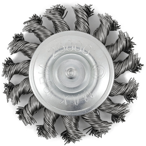 Shaft Mounted Knot Twisted Radial Brush, 3" Dia., 0.02" Fill, 1/4" Arbor, Stainless Steel Les Fournitures Industrielles Méga