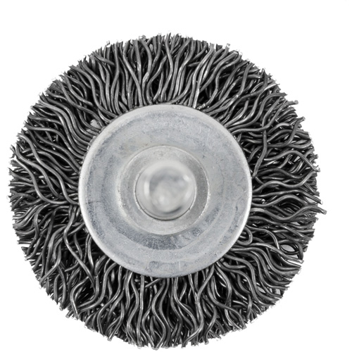 Brosse radiale &agrave; fils cr&ecirc;p&eacute;s mont&eacute; sur mandrin 126, 1-1/2", Fils 0,02", Tige 1/4" Les Fournitures Industrielles Méga