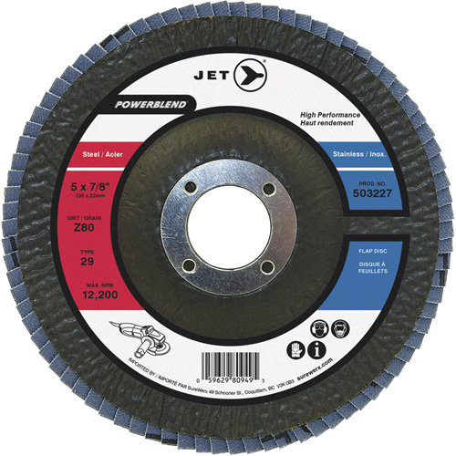 Disque &agrave; lamelles POWERBLEND, 5" x 7/8", Type 29, Grain Z40, Alumine de zirconium Les Fournitures Industrielles Méga