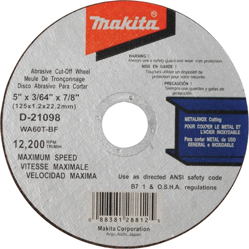 Thin Kerf Cut-Off Wheel, 5" x 3/64", 7/8" Arbor, Type 1, Aluminum Oxide, 12200 RPM Les Fournitures Industrielles Méga