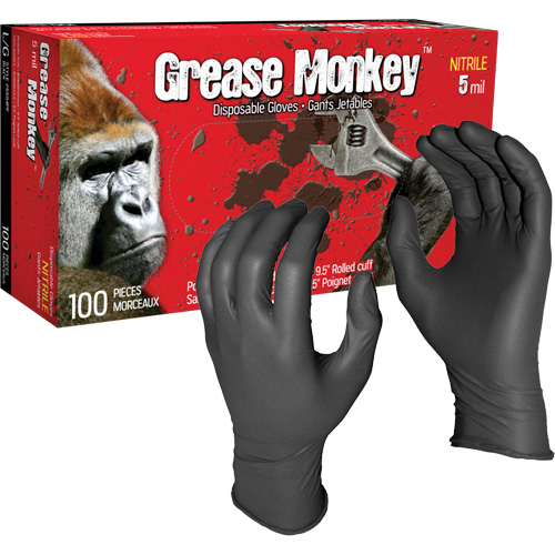 Gants jetables Grease Monkey, Grand, Nitrile, 5 mils, Sans poudre, Noir Les Fournitures Industrielles Méga