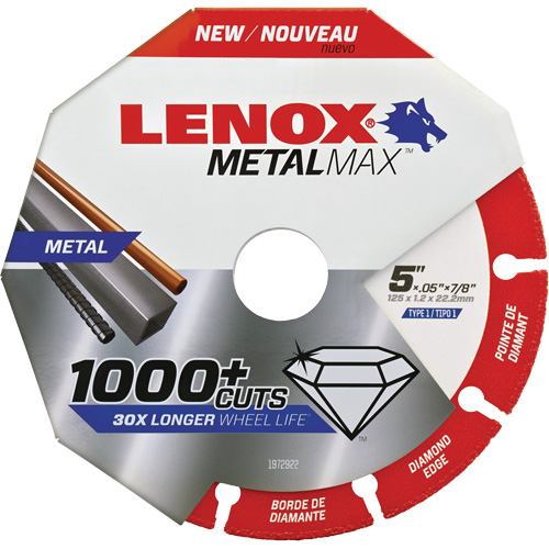 Meule de tronçonnage des m&eacute;taux MetalMax, 5" x 0,05", Arbre de 7/8", Type 1, Losange, 12 200 Tr/min Les Fournitures Industrielles Méga