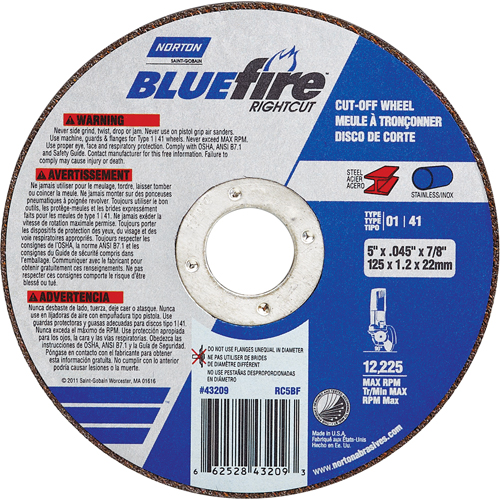 Meule a tronconner BlueFire, 4-1/2" x 0,045"/1/16", Arbre de 7/8", Type 01/41, Oxyde d'aluminium/Zirconium, 13580 Tr/min Les Fournitures Industrielles Méga