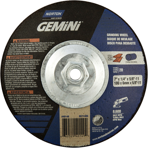 Gemini&reg; Saucer Wheel, 7" x 1/4", 5/8"-11 Arbor, Aluminum Oxide, Type 28 Les Fournitures Industrielles Méga