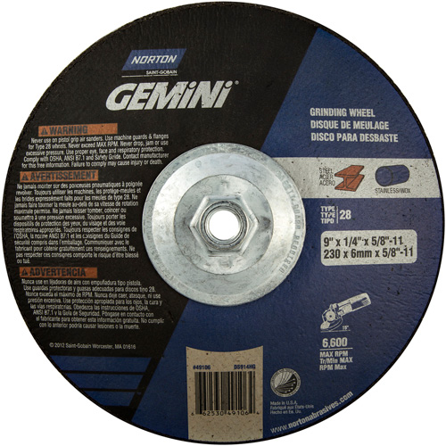 Gemini&reg; Saucer Wheel, 9" x 1/4", 5/8"-11 Arbor, Aluminum Oxide, Type 28 Les Fournitures Industrielles Méga