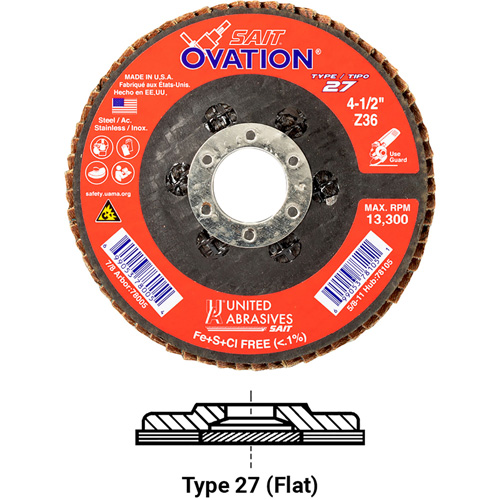 OVATION MEULE LAMELLE5X5/8 11 GRAIN36, 5" x 5/8"-11, Type 27, Grain 36, Zirconium Les Fournitures Industrielles Méga