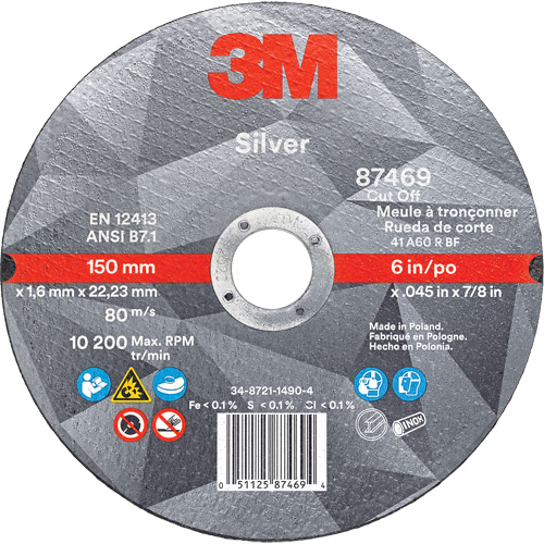 Silver Cut-Off Wheel, 6" x 0.045", 7/8" Arbor, Type 1, Ceramic, 10200 RPM Les Fournitures Industrielles Méga