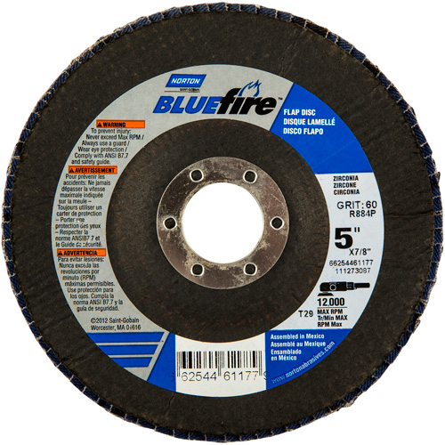 BlueFire Flap Disc, 5" x 7/8", Type 29, 36 Grit, Zirconia Alumina Les Fournitures Industrielles Méga