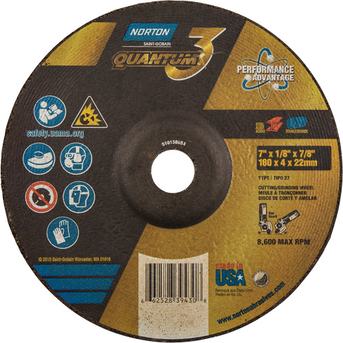 Disque de rectification et de tronçonnage Quantum3, 7" x 1/8", Arbre de 7/8", Type 27, Grain de 24, C&eacute;ramique d'alumine Les Fournitures Industrielles Méga